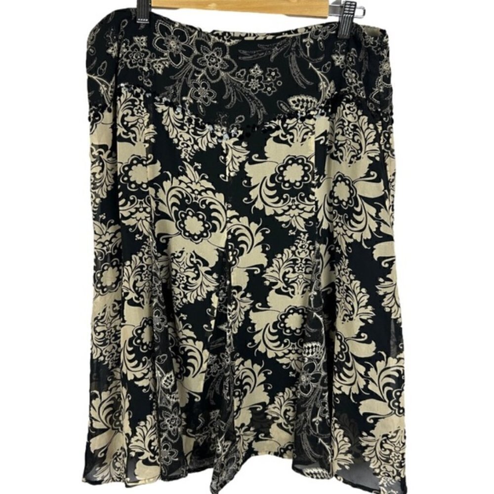 Mac & Jac 100% Silk Skirt Black Beige Floral Beaded A-Line Size 14